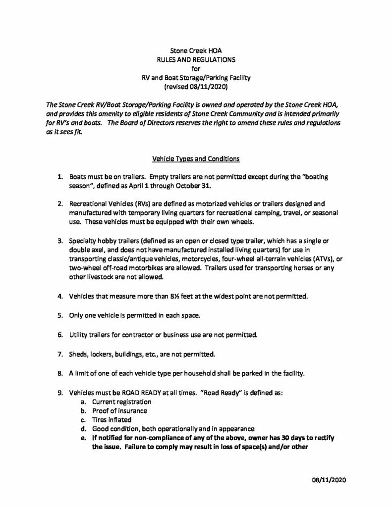 RV/Boat Storage Rules & Regulations Stone Creek