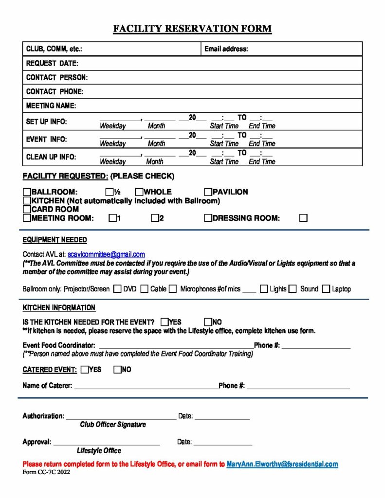 Facility Reservation Form Stone Creek