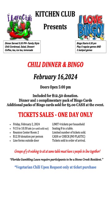 Kitchen Club Chili Dinner & Bingo February 16th – Stone Creek